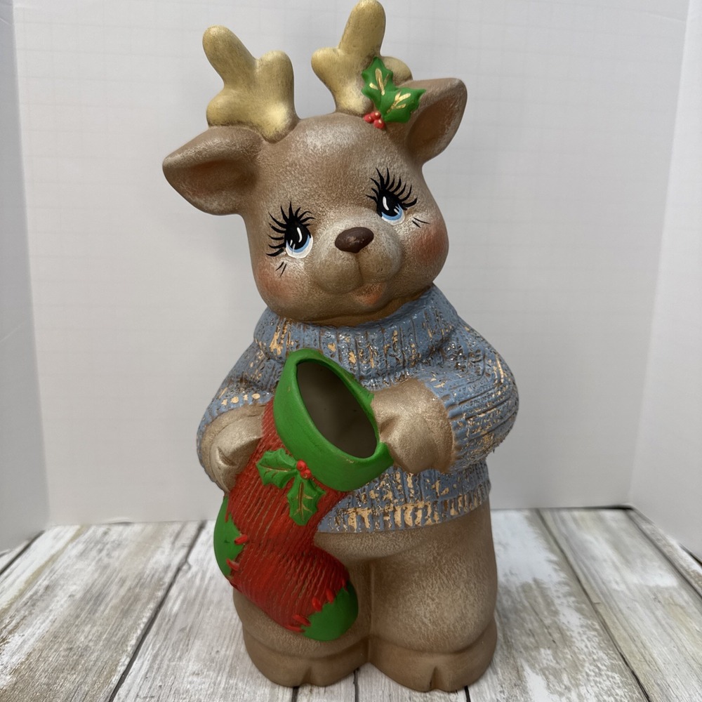 Vintage Handmade Ceramic‎ 10" Tall Reindeer Candy Cane Christmas Figurine Decor